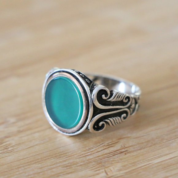 925 Sterling Silver Men's Ring with Green Agate Stone - Picture 1 of 11